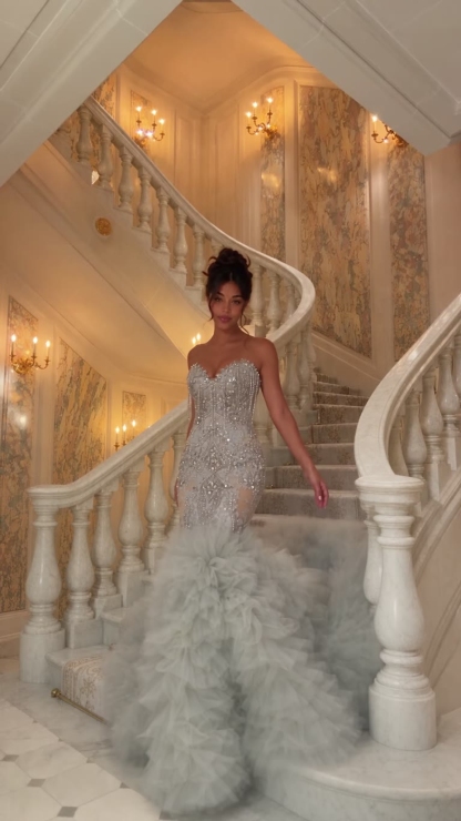Sweetheart Beading Mermaid Long Prom Dress with Ruffled Train