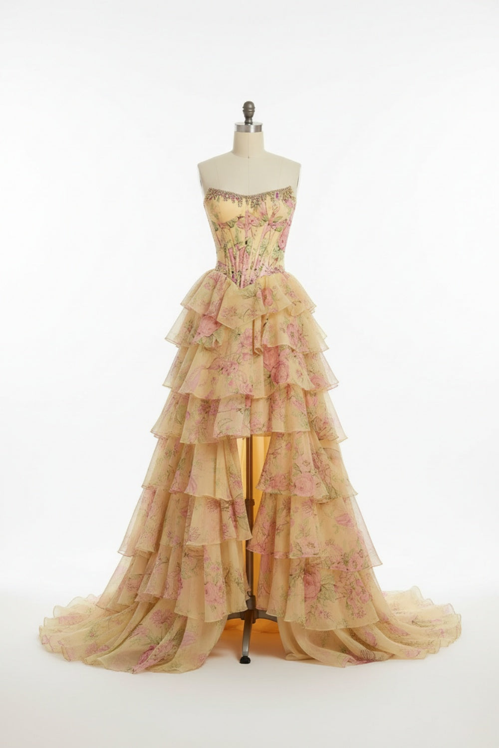 Cocosbride Long Floral Strapless Tulle A-line Prom Dress with Split