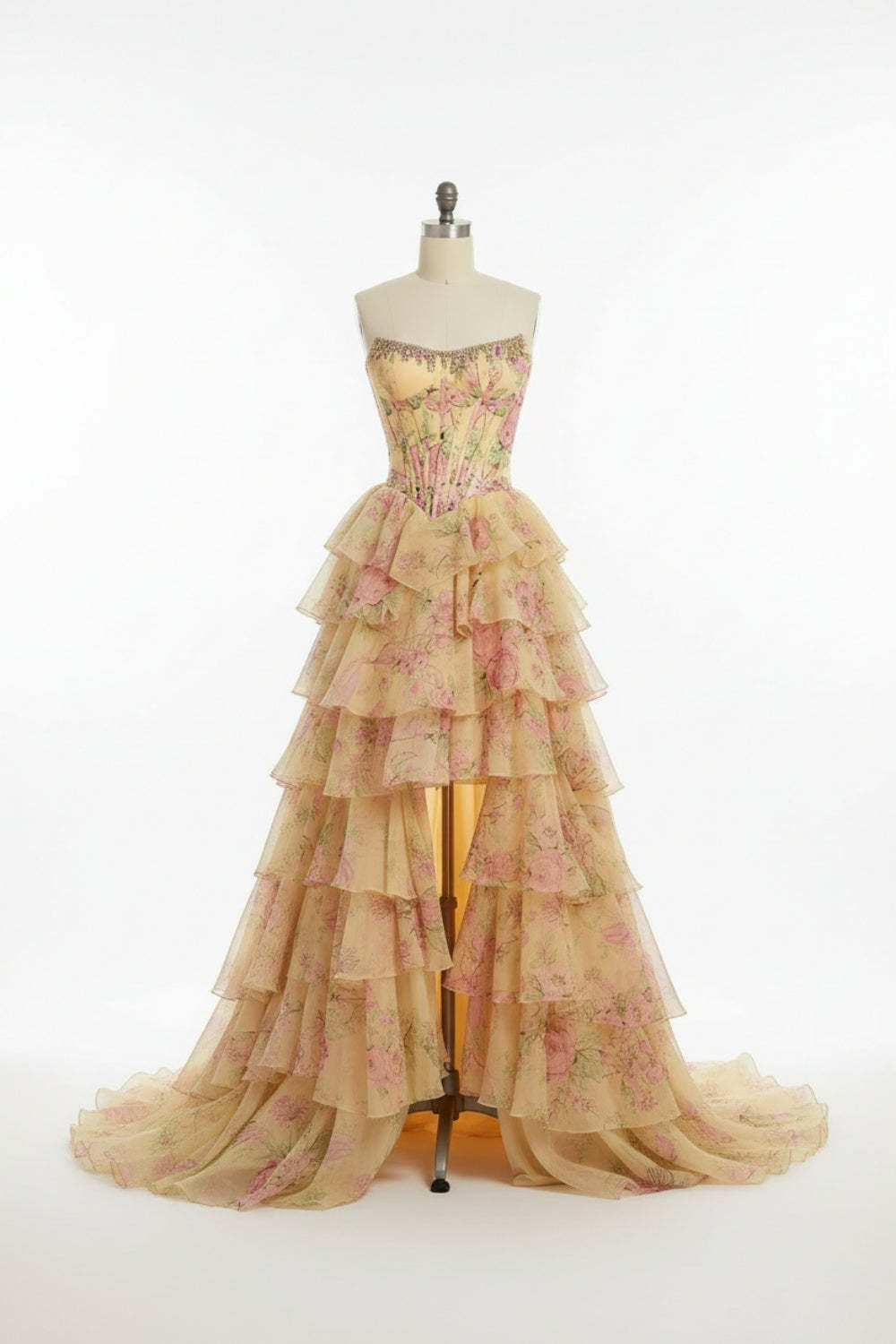 Cocosbride Long Floral Strapless Tulle A-line Prom Dress with Split