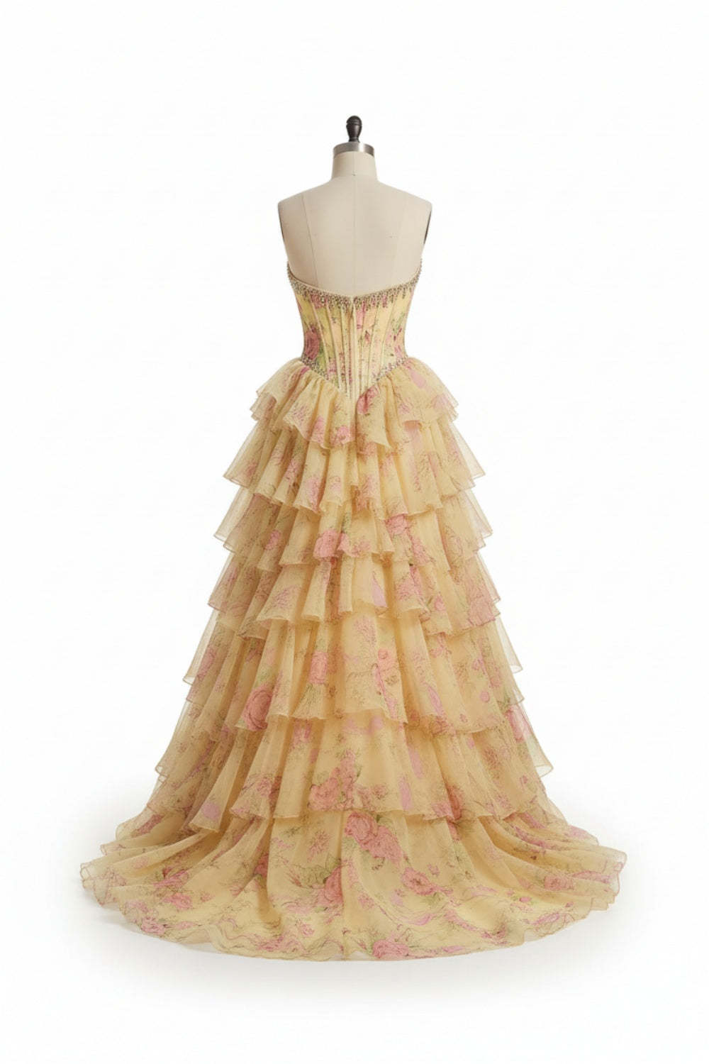 Cocosbride Long Floral Strapless Tulle A-line Prom Dress with Split