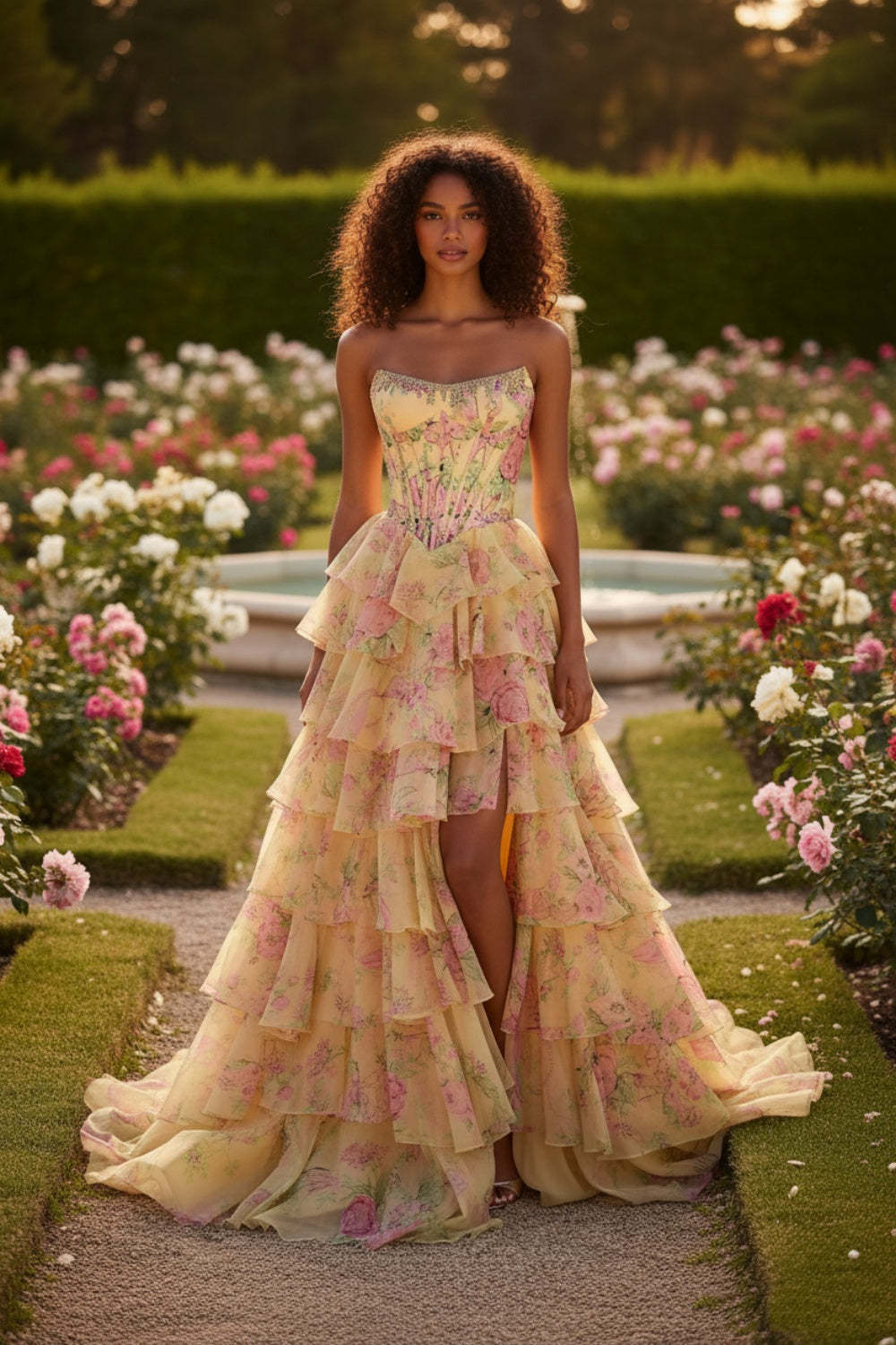 Cocosbride Floral Strapless Tulle A-line Long Prom Dress with Split