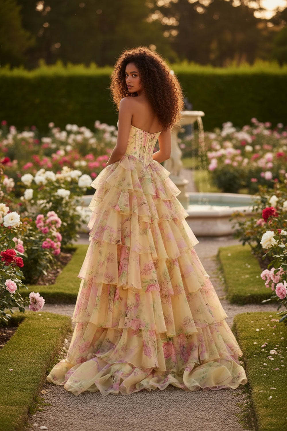 Cocosbride Floral Strapless Tulle A-line Long Prom Dress with Split