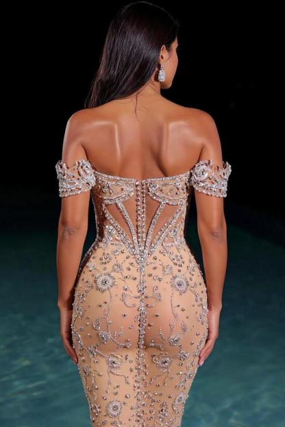 Long Off-the-Shoulder Sequin Beaded Mermaid Formal Evening Dresses