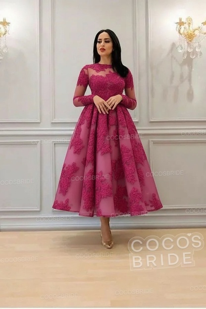 Elegant Short A-line High Neck Lace Ankle Length Formal Evening Dress with Sleeves