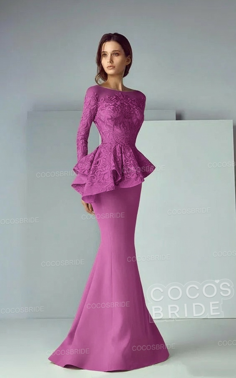 Modest Long Mermaid Lace Satin Formal Prom Dresses with Sleeves