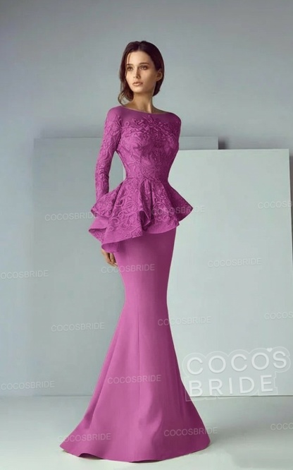 Modest Long Mermaid Lace Satin Formal Prom Dresses with Sleeves