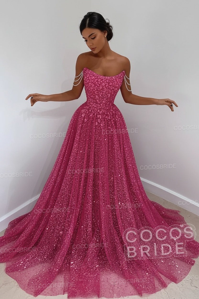 Long A-line Sparkly Sleeveless Sequined Formal Prom Dress