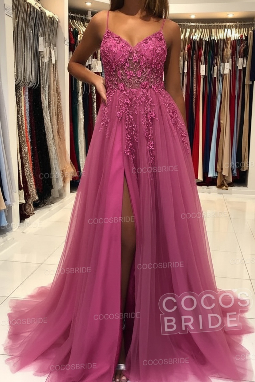 Long A-line V-neck Spaghetti Straps Open Back Prom Dress with Slit