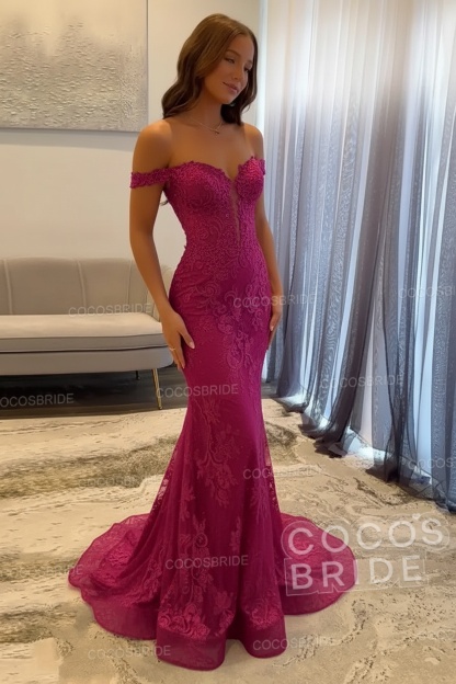 Dark Navy Long Mermaid Off the Shoulder Lace Prom Dress