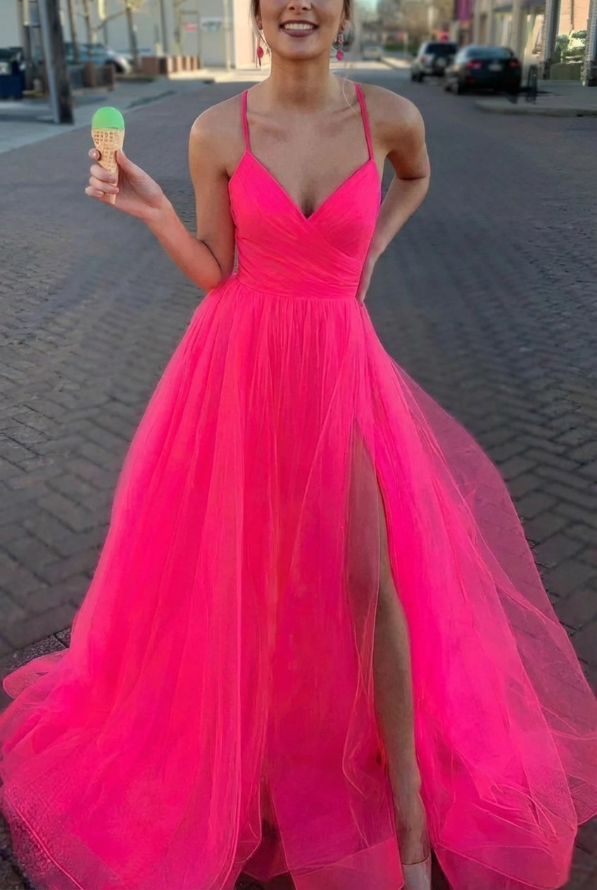Long Spaghetti Straps V-neck A-Line Tulle Prom Dress With Side Slit