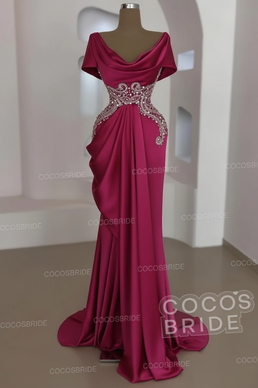 Mermaid Cowl Neck Satin Long Prom Dresses with Short Sleeves