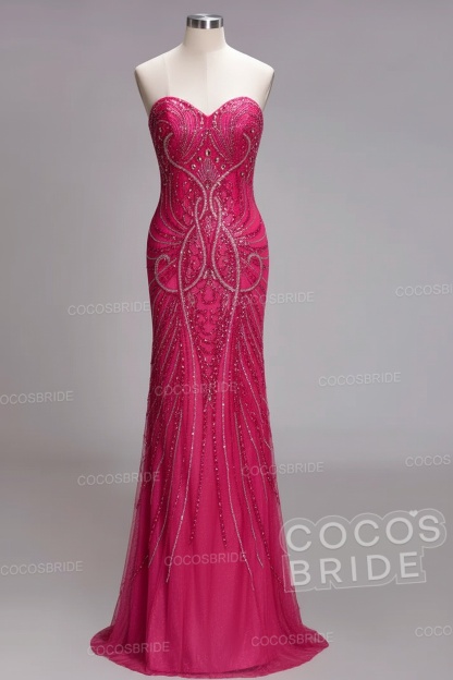 Mermaid Strapless Sweetheart Long Sequined Formal Evening Dresses with Beads