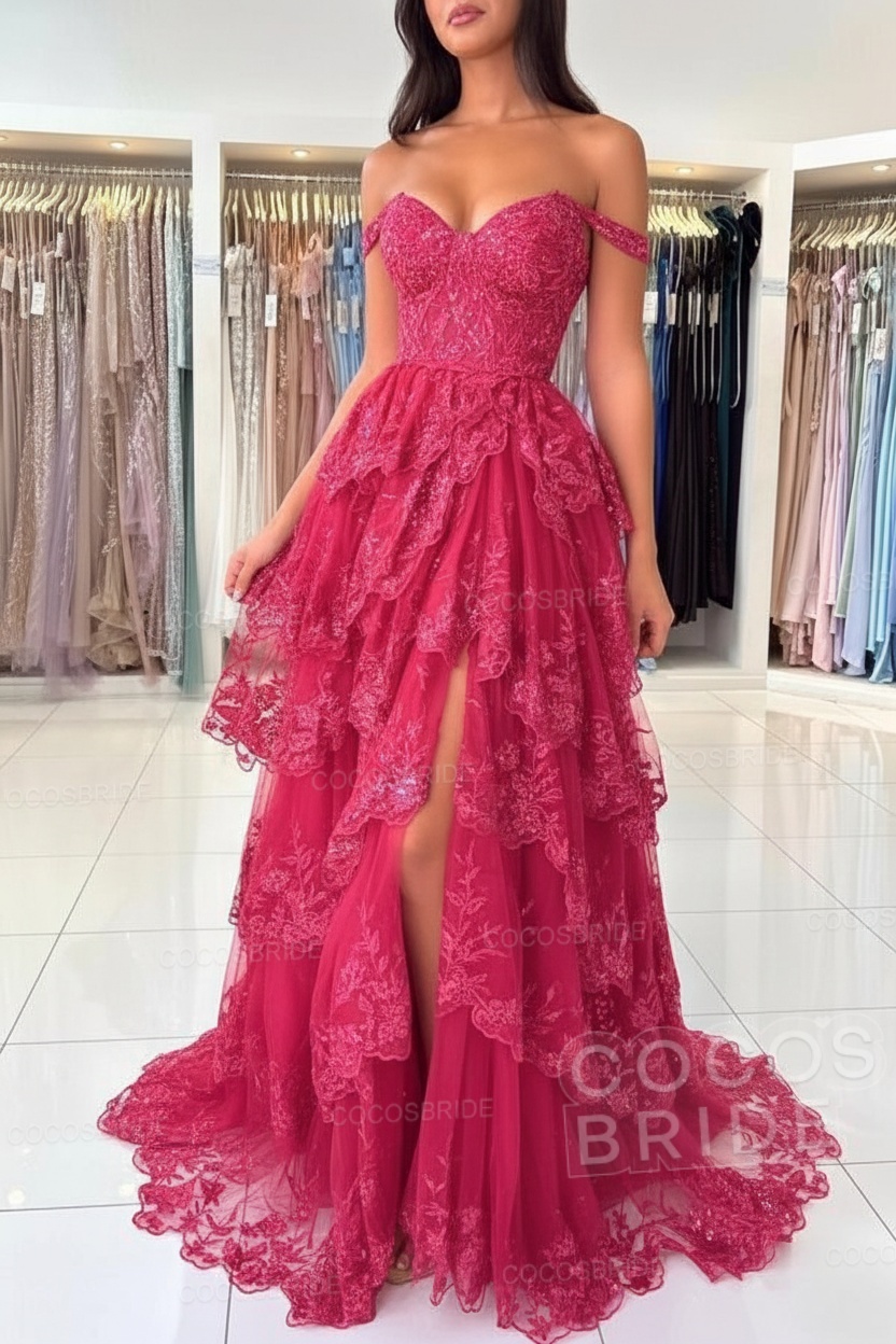 Off The Shoulder Sweetheart Lace A-Line Long Prom Dress with Slit