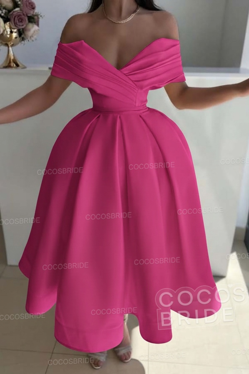 Off the Shoulder A-Line Satin Prom Dress with Pleated