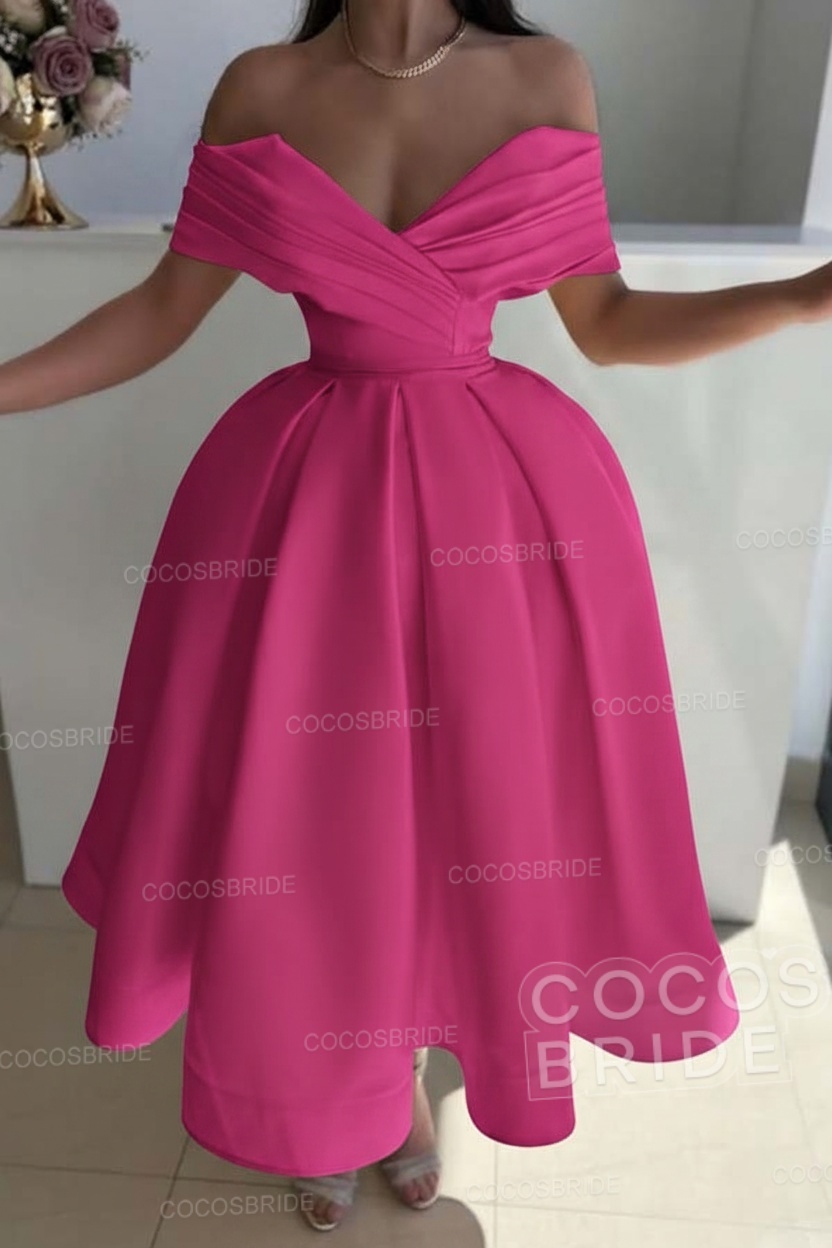 Off the Shoulder A-Line Satin Prom Dress with Pleated