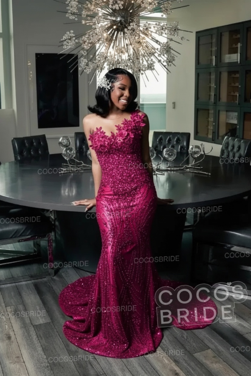 One Shoulder Sleeveless Mermaid Prom Dress with Beaded