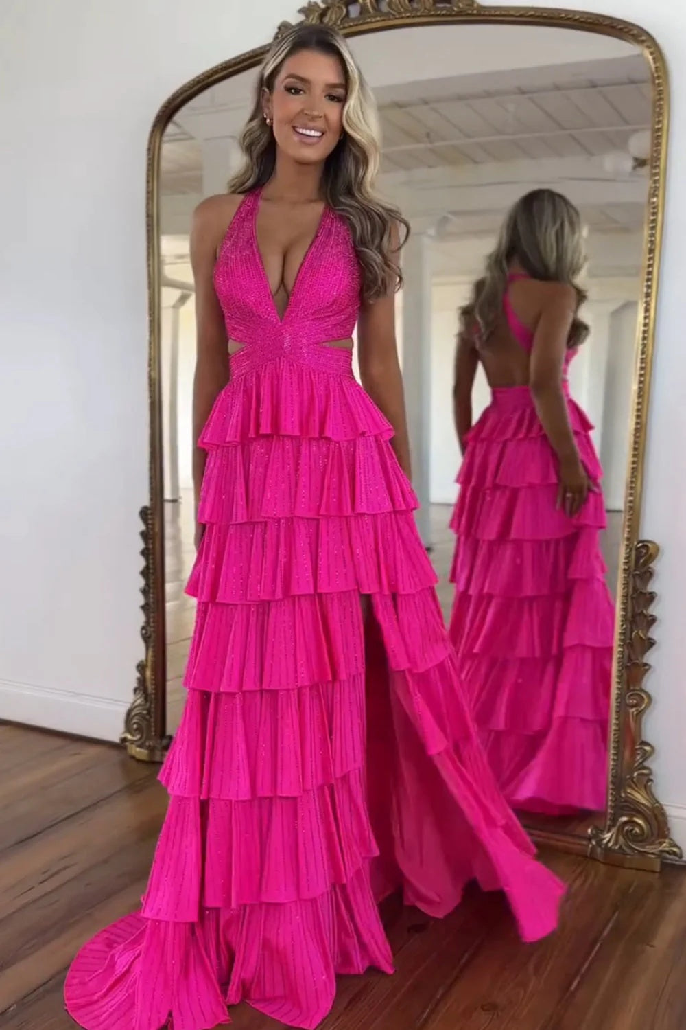 Cocosbride Fuchsia Halter A-line Long Prom Dress with Slit