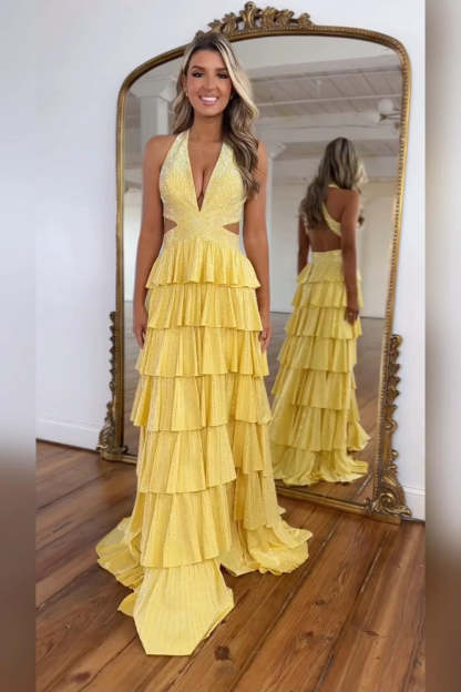 Cocosbride Fuchsia Halter A-line Long Prom Dress with Slit