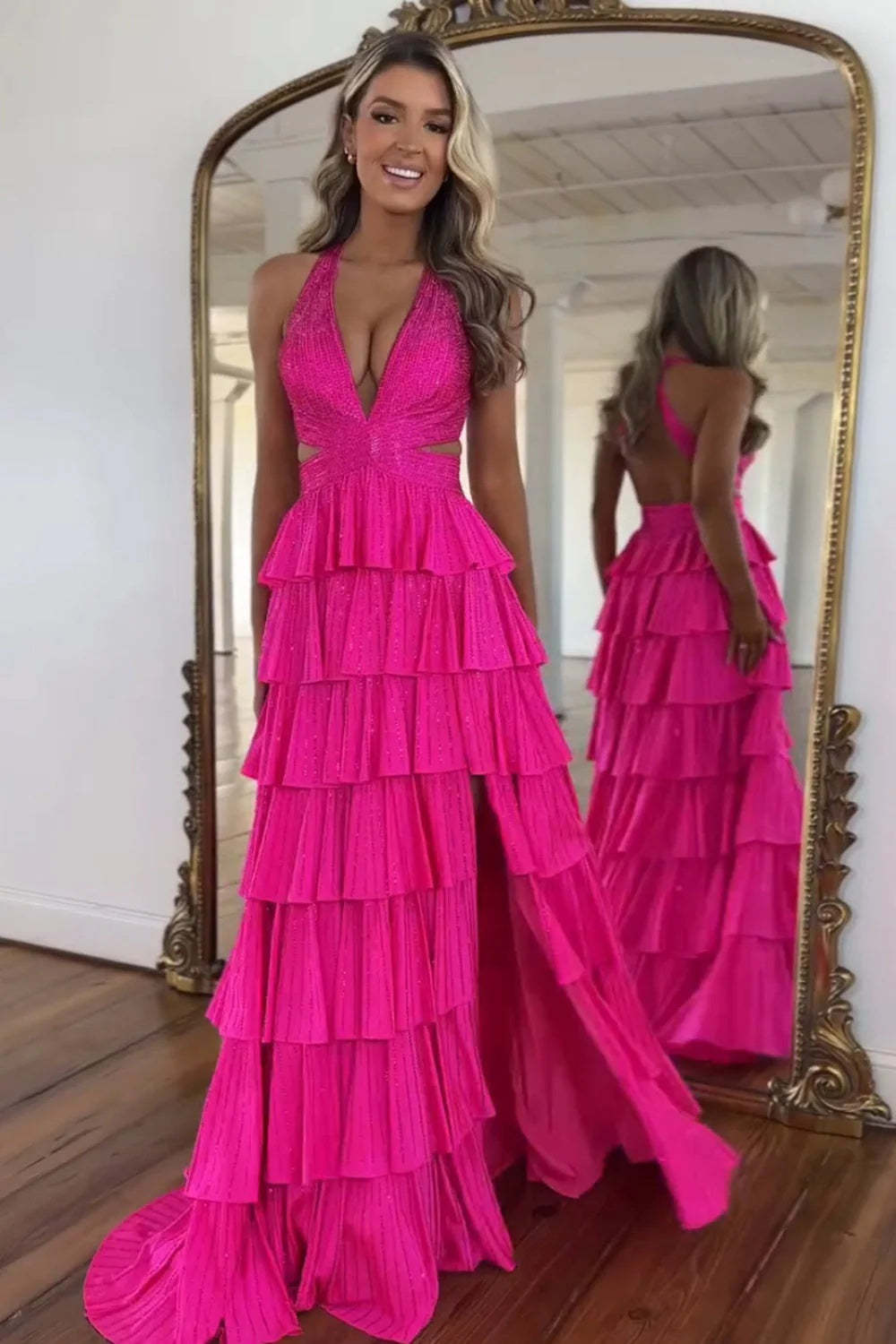Fuchsia Ruffled Halter Neck A Line Prom Dress with Slit | Long Evening Gown