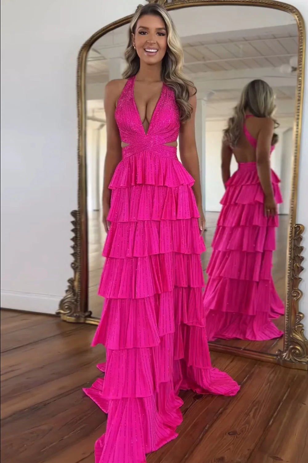 Cocosbride Fuchsia Halter A-line Long Prom Dress with Slit