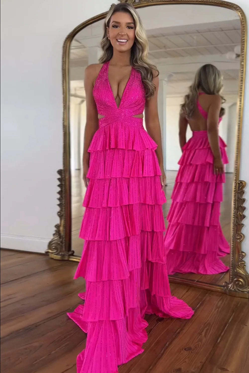 Cocosbride Fuchsia Halter A-line Long Prom Dress with Slit