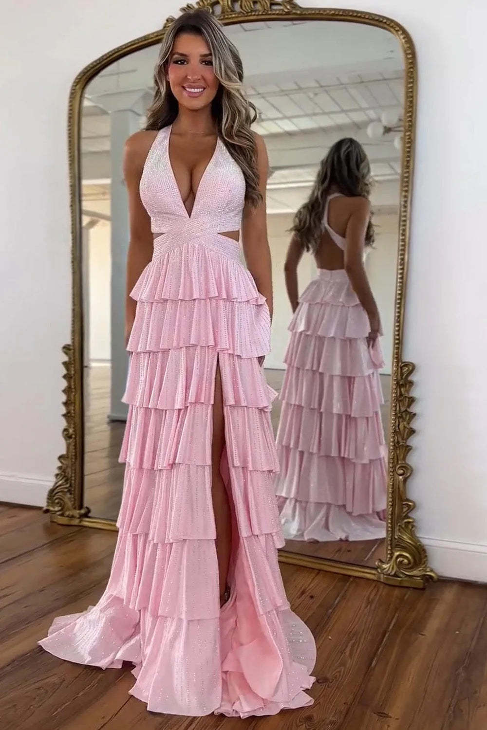 Cocosbride Fuchsia Halter A-line Long Prom Dress with Slit