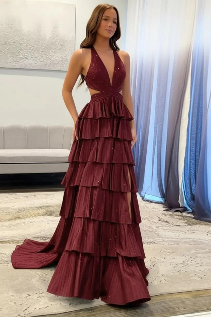 Cocosbride Fuchsia Halter A-line Long Prom Dress with Slit