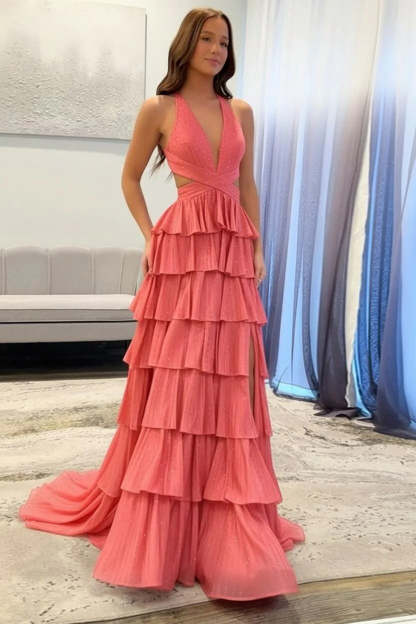 Cocosbride Fuchsia Halter A-line Long Prom Dress with Slit