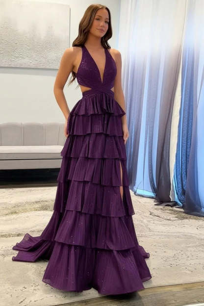 Cocosbride Fuchsia Halter A-line Long Prom Dress with Slit