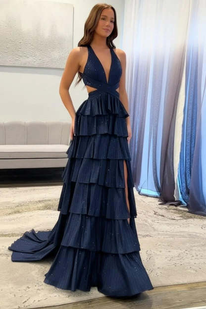 Cocosbride Fuchsia Halter A-line Long Prom Dress with Slit