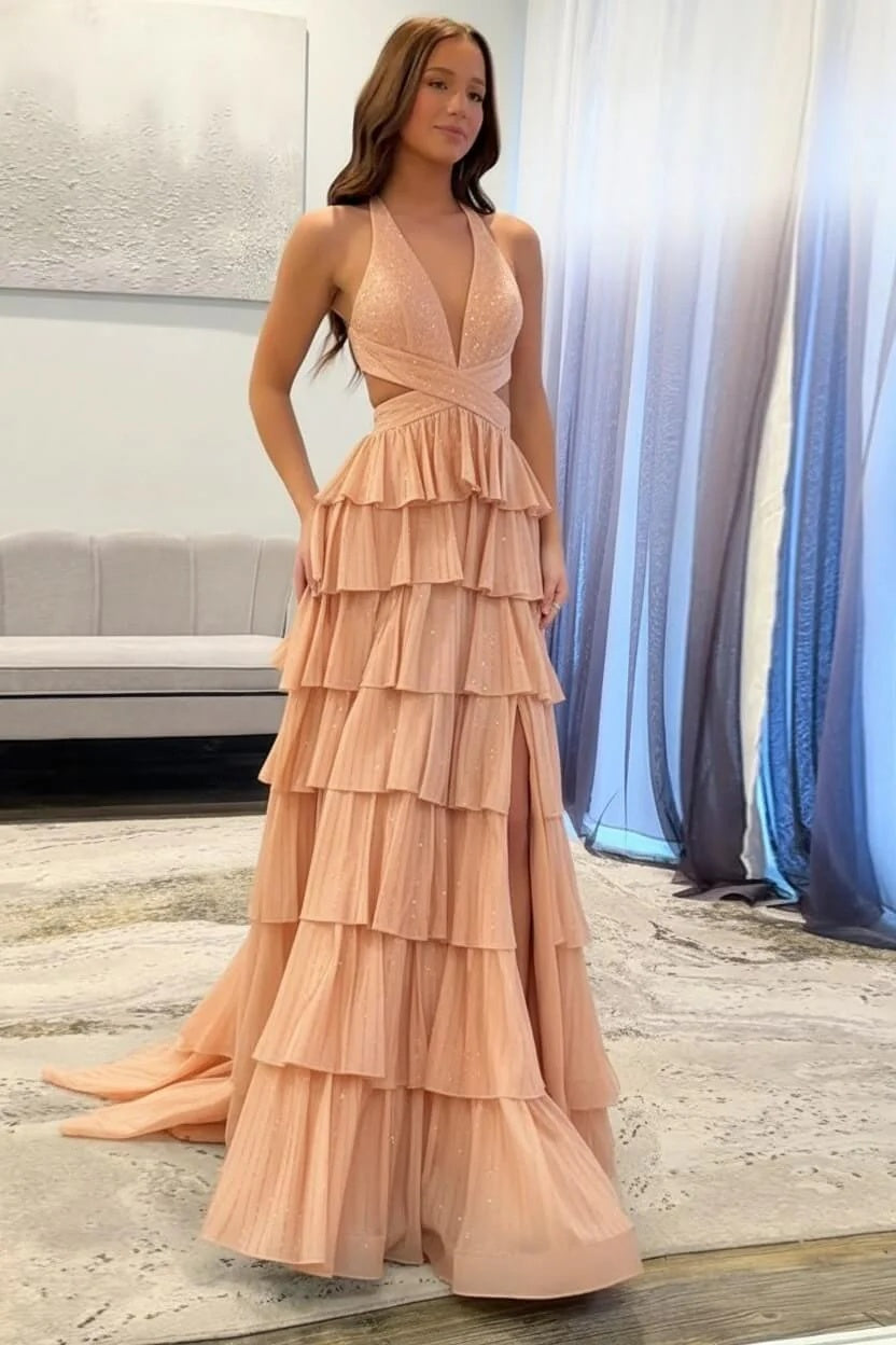 Cocosbride Fuchsia Halter A-line Long Prom Dress with Slit