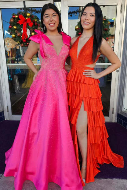 Cocosbride Fuchsia Halter A-line Long Prom Dress with Slit