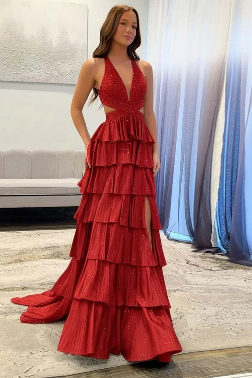 Cocosbride Fuchsia Halter A-line Long Prom Dress with Slit