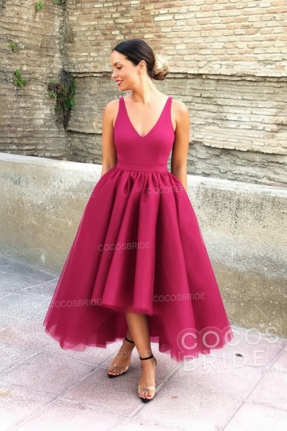 Simple Black V-neck Sleeveless Asymmetrical A-Line Prom Dresses