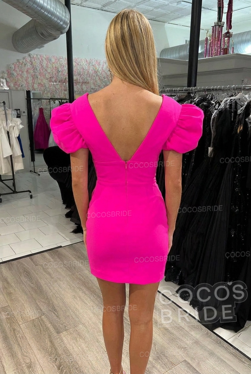 Fuchsia V-Neck Mermaid Mini Homecoming Dress with Short Sleeves
