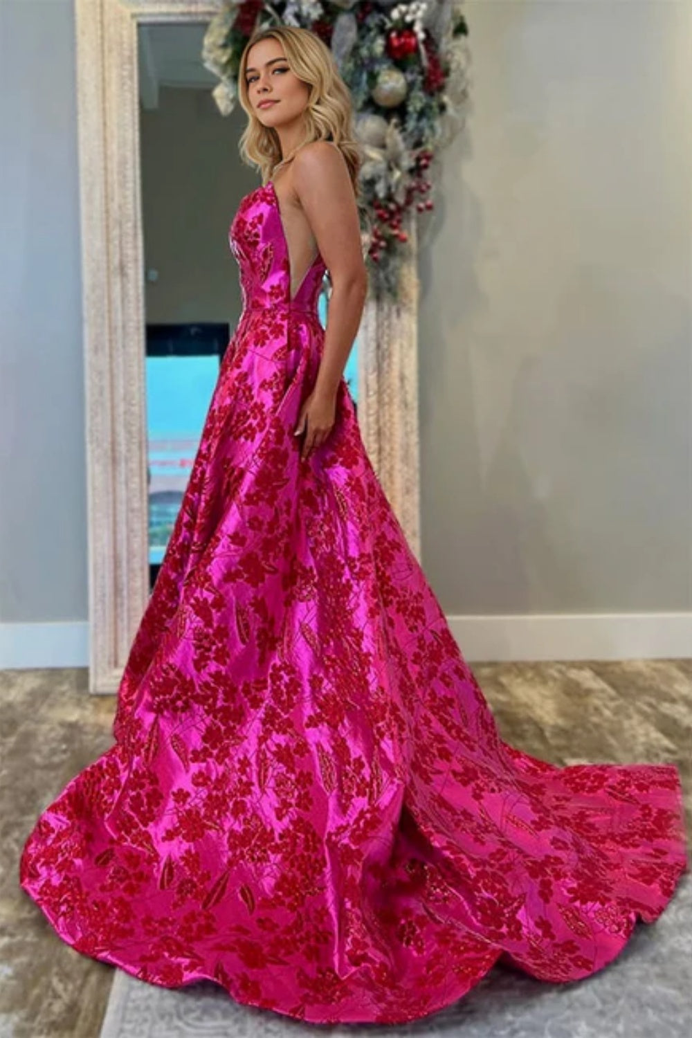 Cocosbride Fuschia Strapless Sleeveless A-line Prom Dress with Split