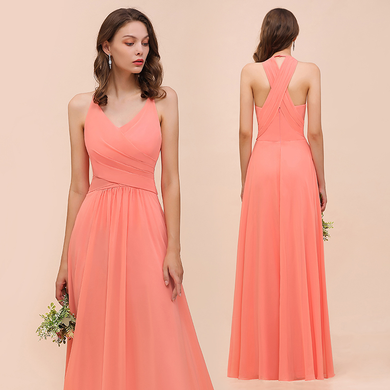 Glamorous Long A-line Chiffon V-neck Coral Bridesmaid Dress with Ruffle
