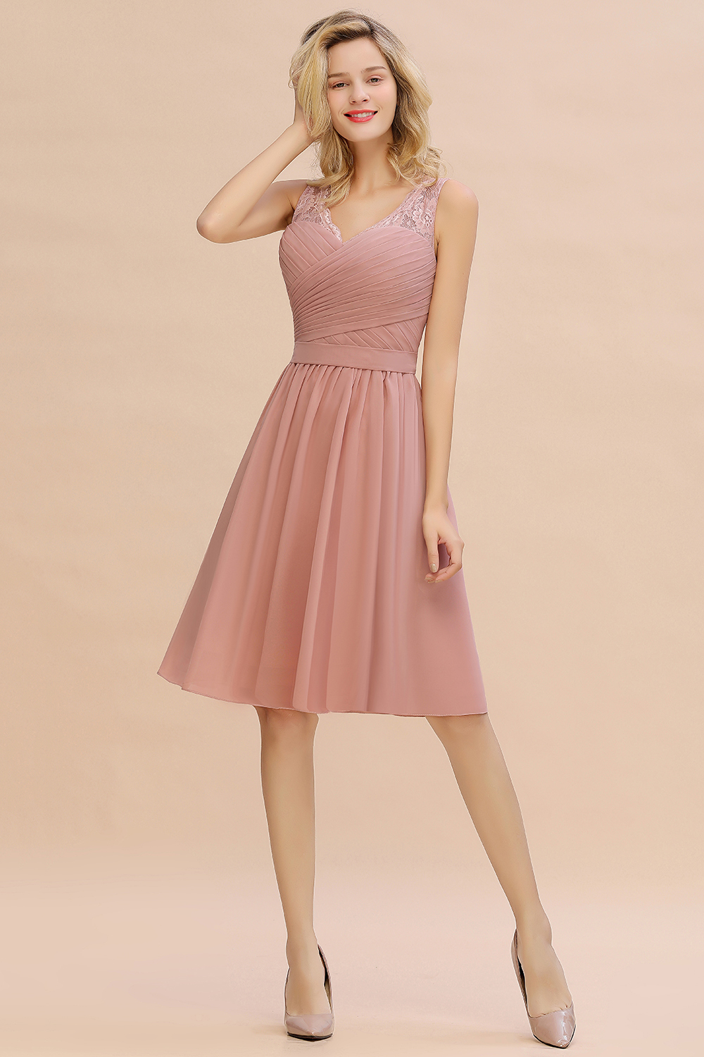 Glamorous Wide Straps A-Line V-neck Knee-length Ruched Bridesmaid Dress