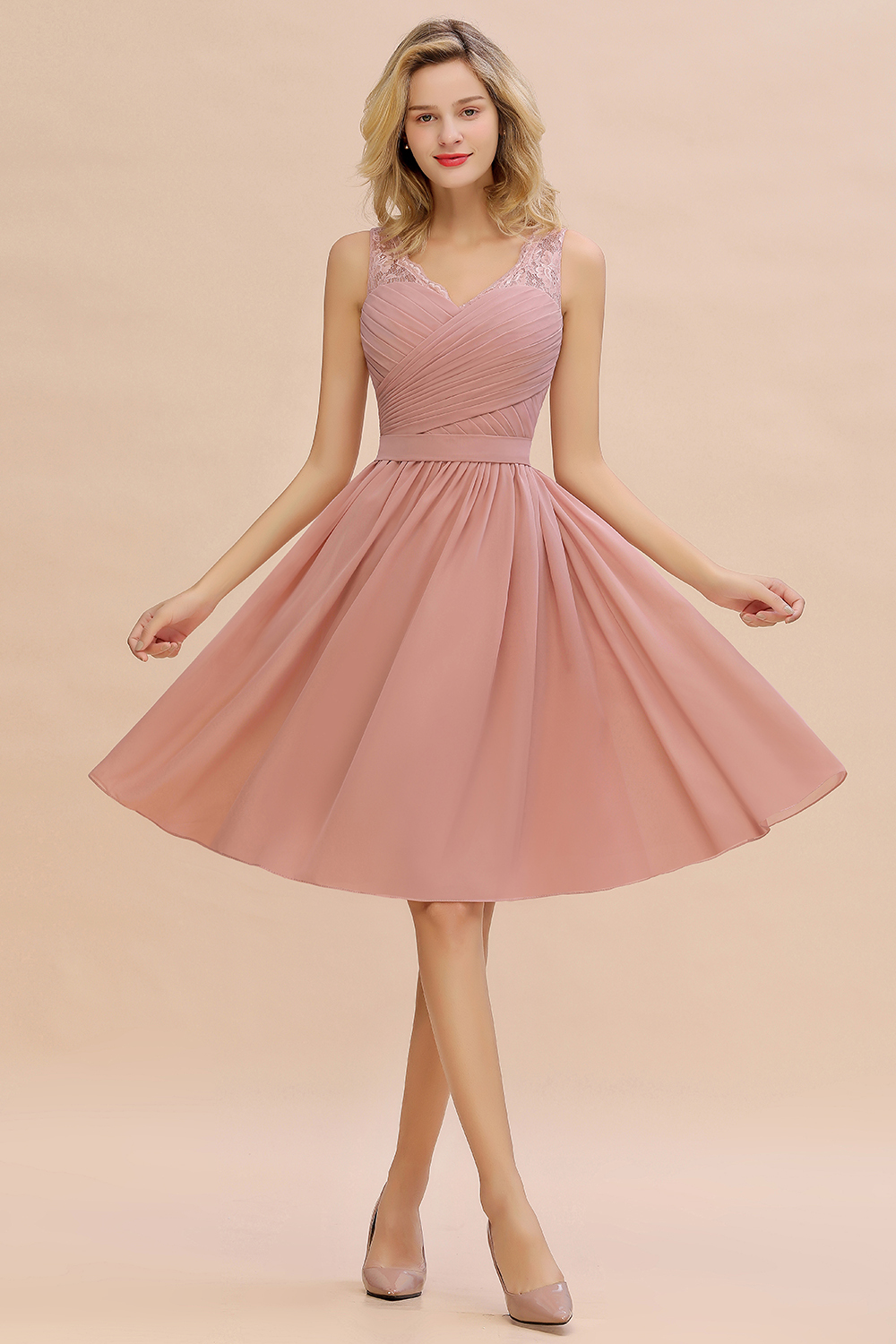Glamorous Wide Straps A-Line V-neck Knee-length Ruched Bridesmaid Dress