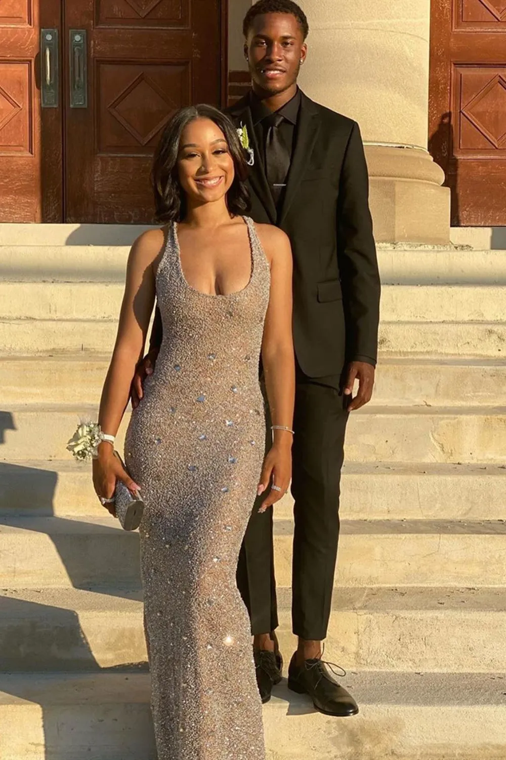 Glitter Long Mermaid Sleeveless Sequined Formal Prom Dress
