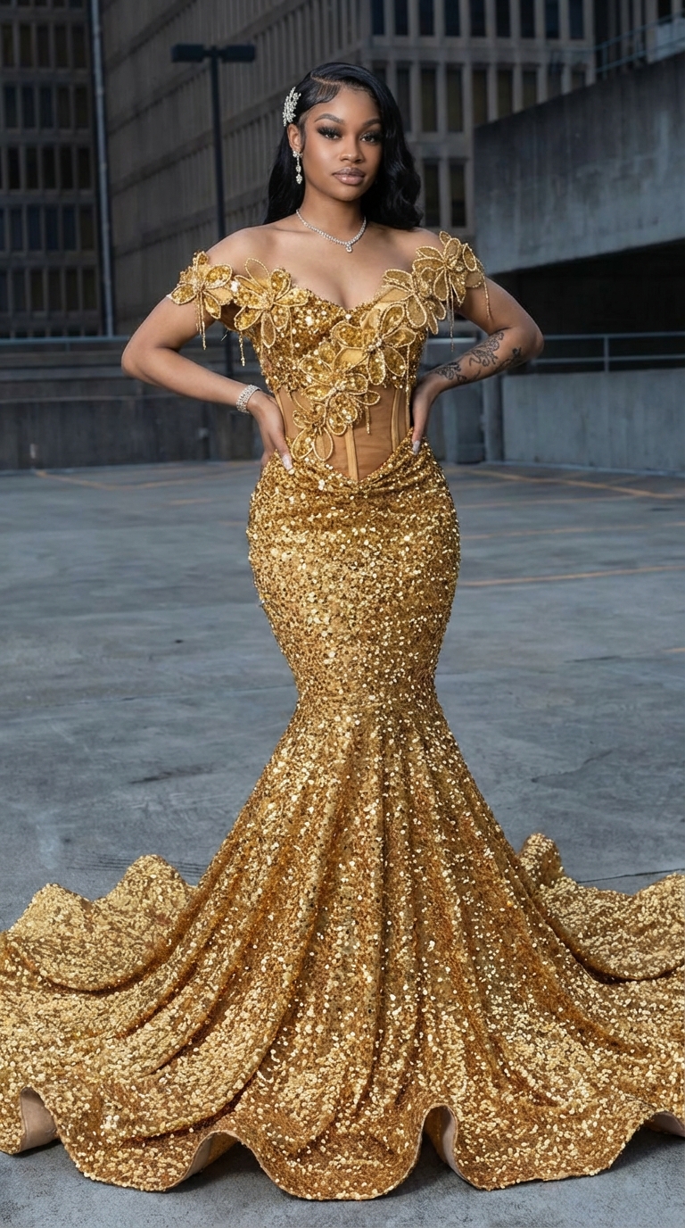 Gold Long Off the Shoulder Mermaid Sequin Prom Dress