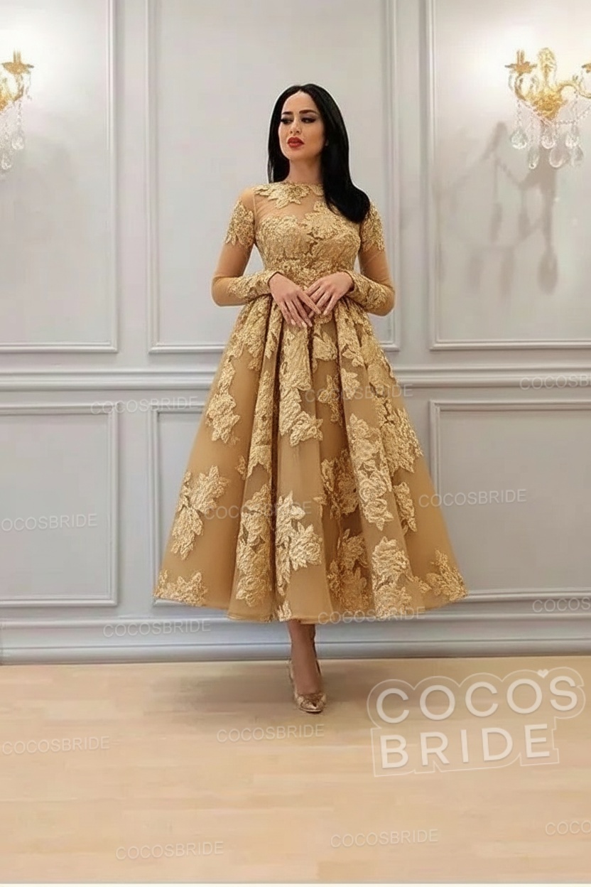 Elegant Short A-line High Neck Lace Ankle Length Formal Evening Dress with Sleeves