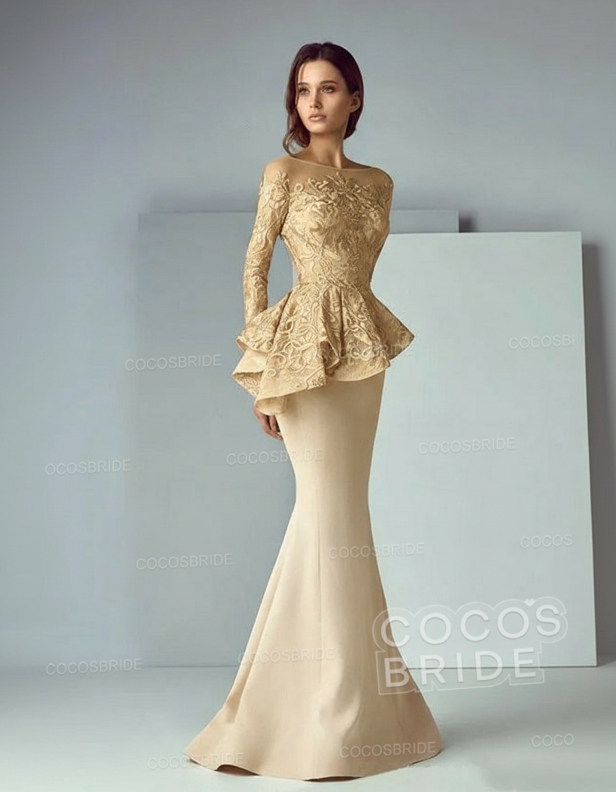 Modest Long Mermaid Lace Satin Formal Prom Dresses with Sleeves