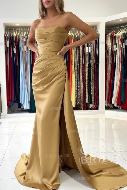 Long Mermaid Strapless Satin Prom Dress with Slit