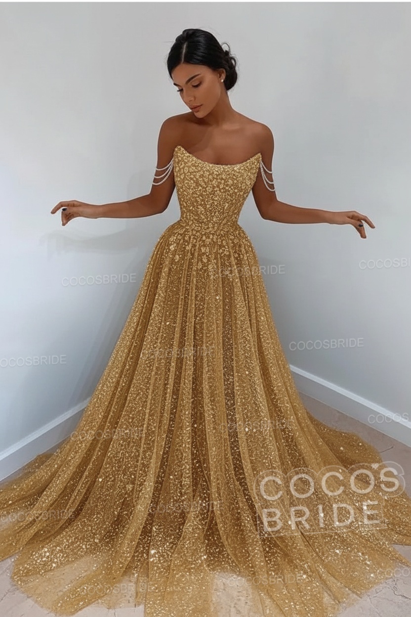 Long A-line Sparkly Sleeveless Sequined Formal Prom Dress