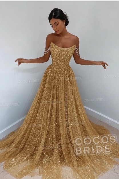 Long A-line Sparkly Sleeveless Sequined Formal Prom Dress