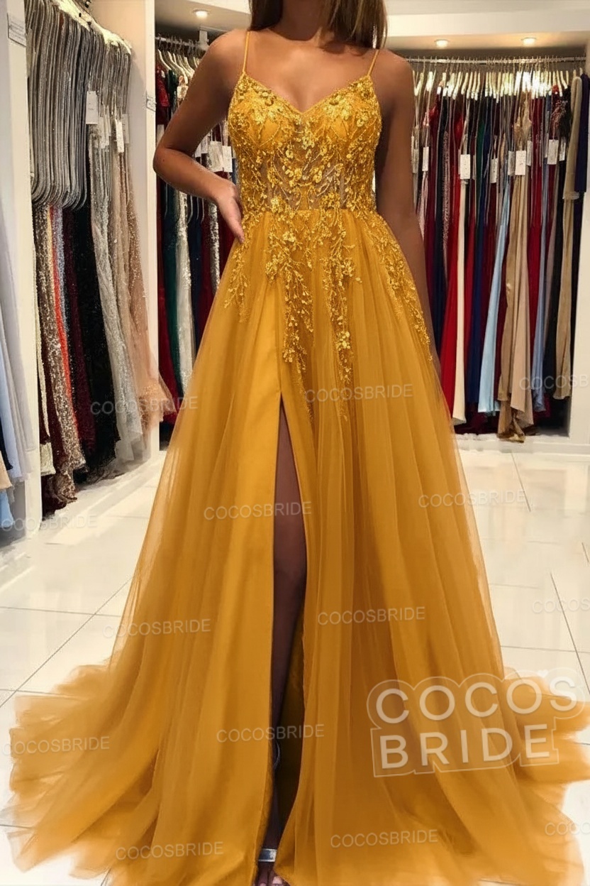 Long A-line V-neck Spaghetti Straps Open Back Prom Dress with Slit