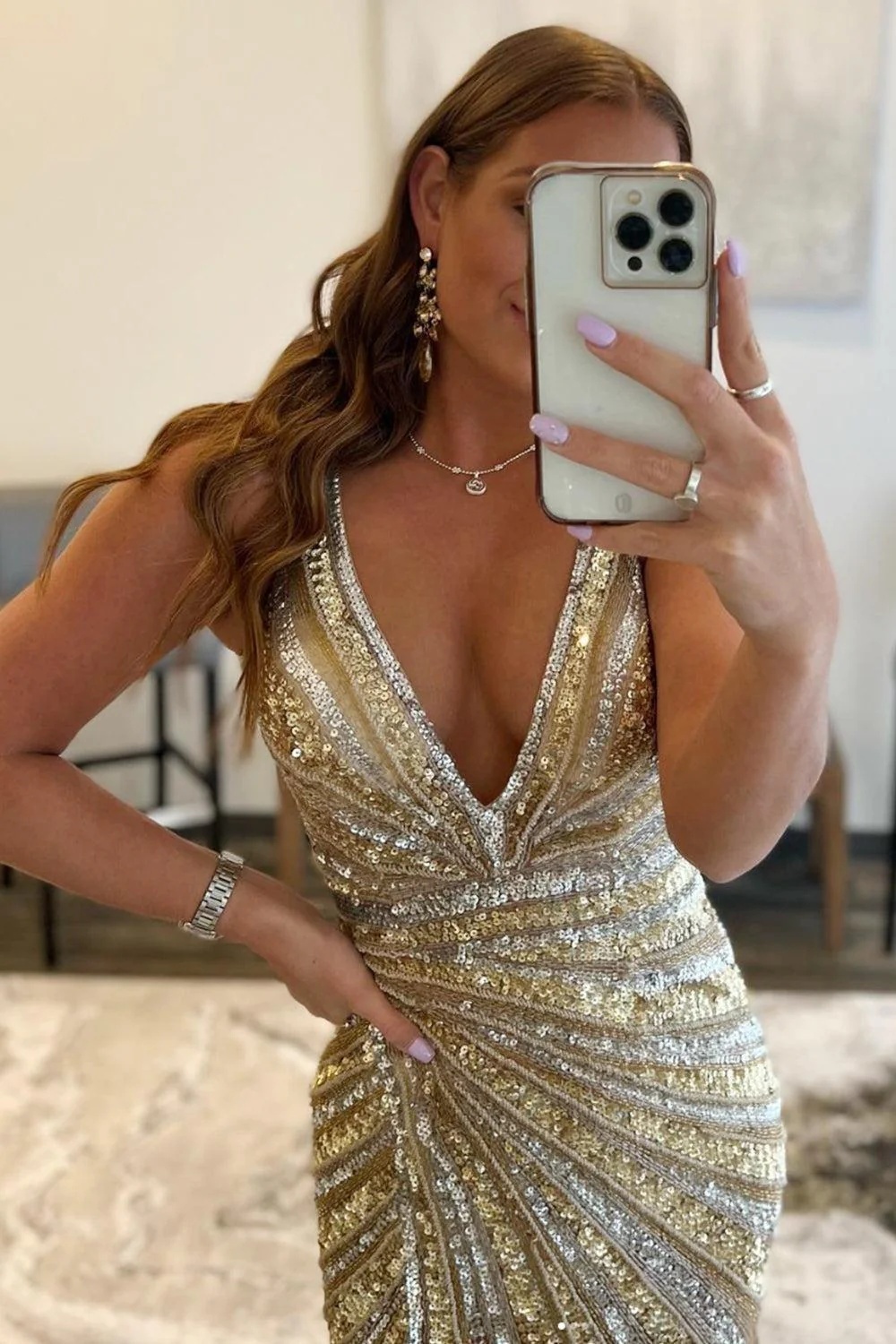 Gold Long Mermaid V-neck Backless Prom Dress with Slit
