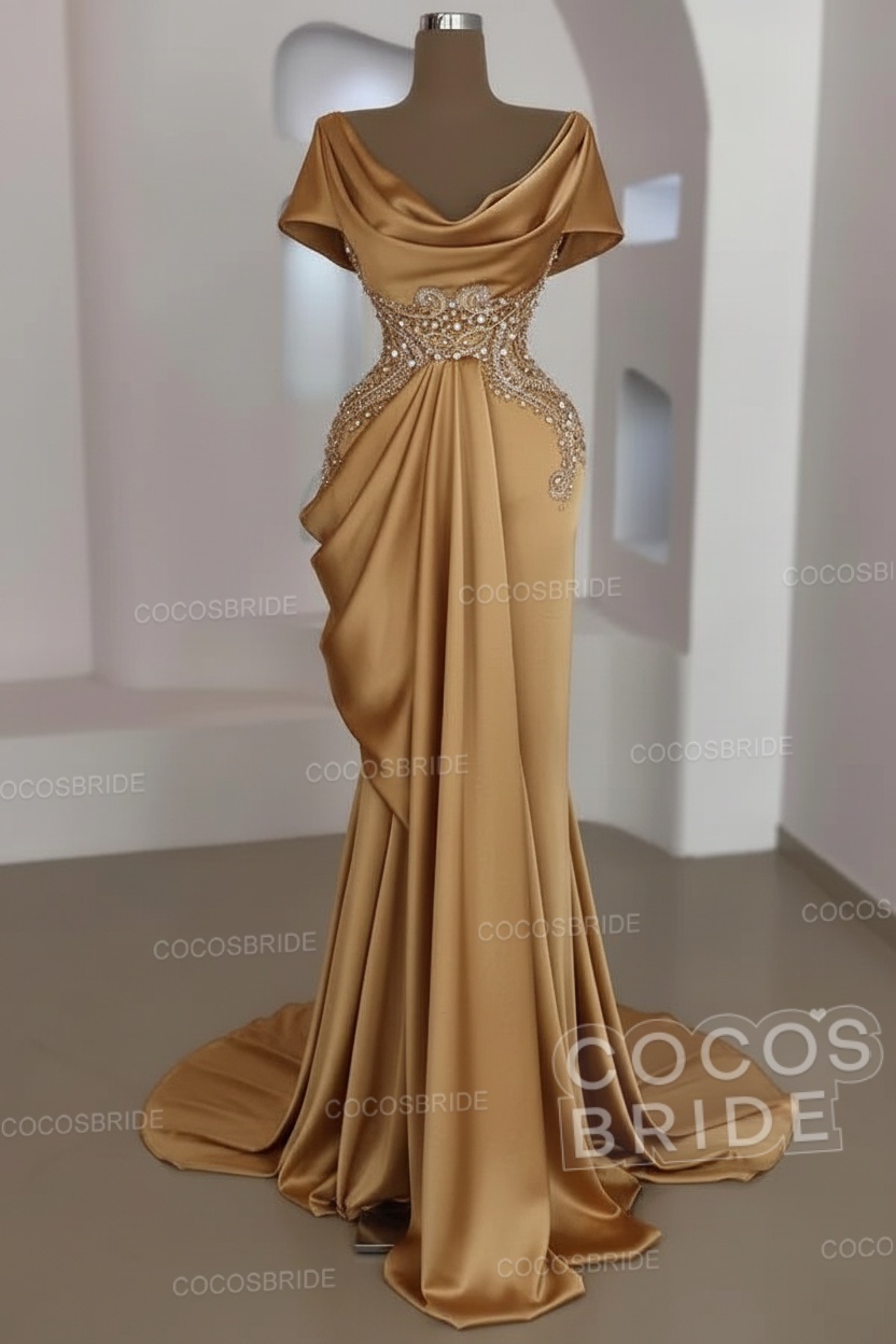 Mermaid Cowl Neck Satin Long Prom Dresses with Short Sleeves