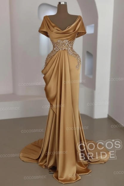 Mermaid Cowl Neck Satin Long Prom Dresses with Short Sleeves